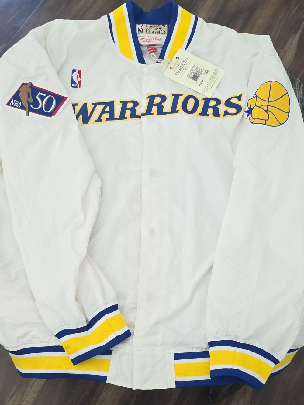 Mitchell & Ness White Warriors Satin Jacket with Blue & Yellow Trim